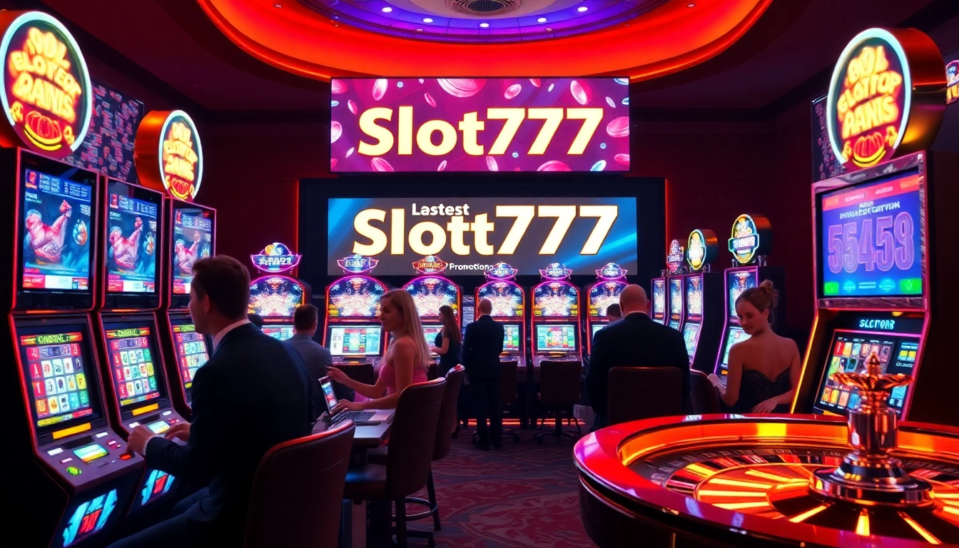 Playing slot777 at a luxurious casino with vibrant machines and excited players.