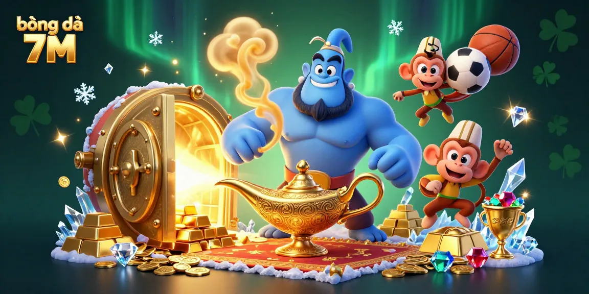 Experience dynamic play with bóng đá 7M, featuring sports balls, treasure, and colorful characters.
