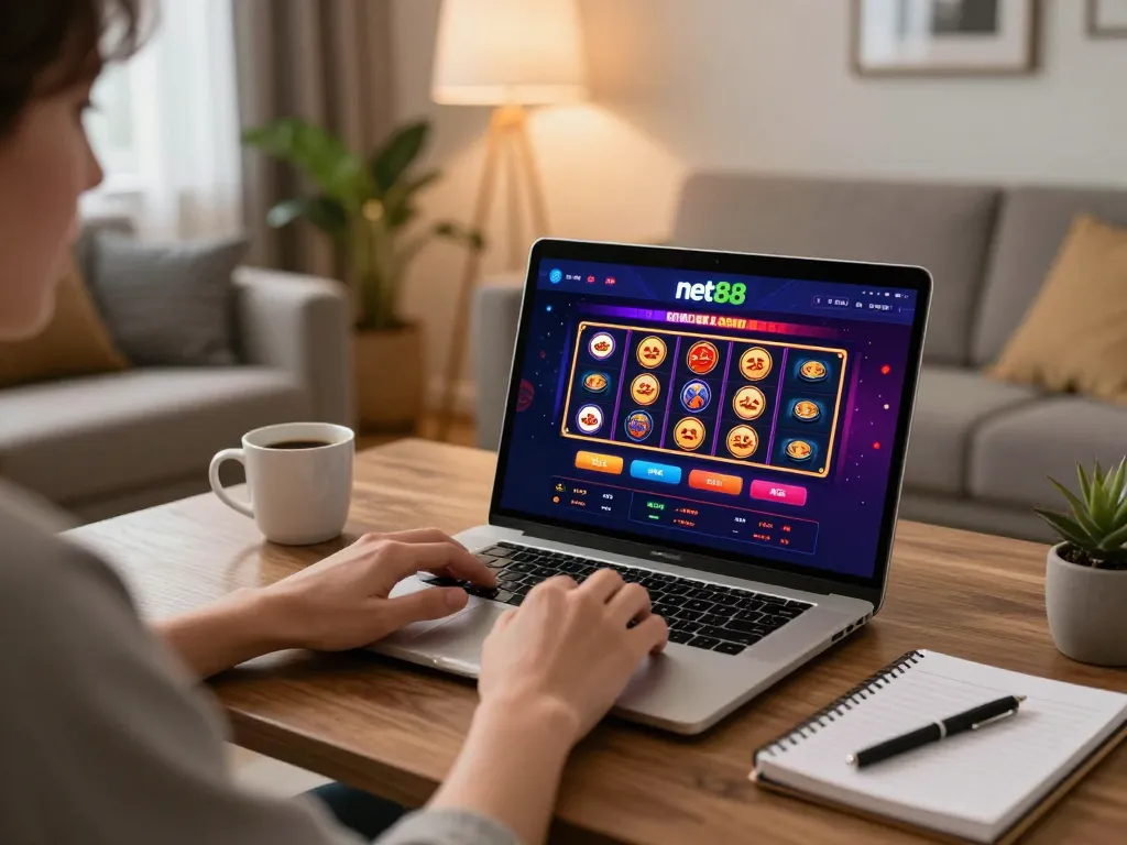 Player engaging with net88 online casino on laptop, showcasing gaming strategy in a cozy setting