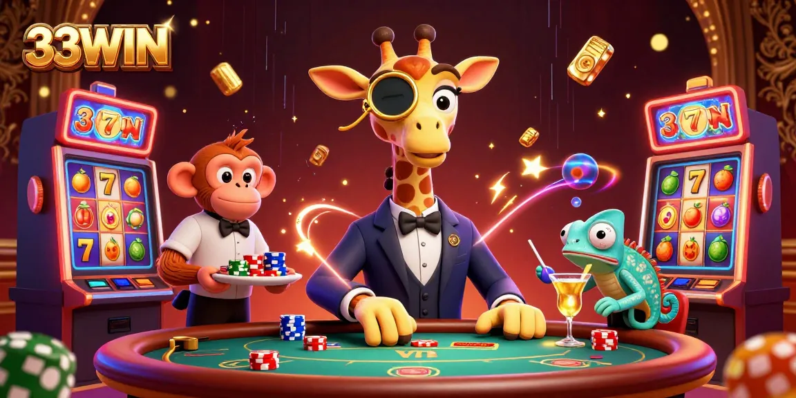 Experience winning moments with 33WIN's vibrant 3D casino illustration full of excitement and adventure.