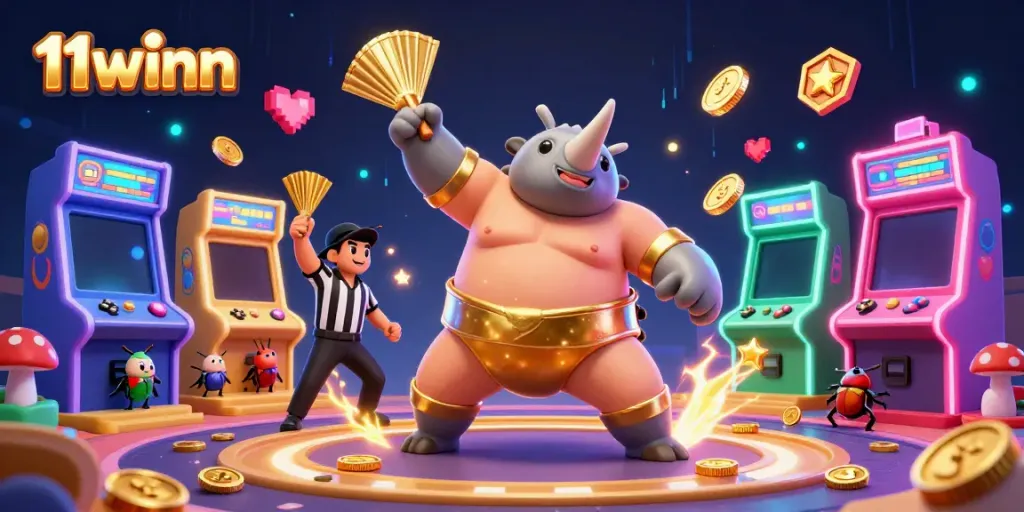 Experience thrilling gameplay in 11winn as the sumo champion beetle stomps in a vibrant casino scene.