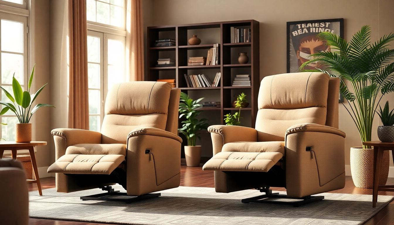 Comfortable power lift recliners in a cozy living room setting for relaxation.