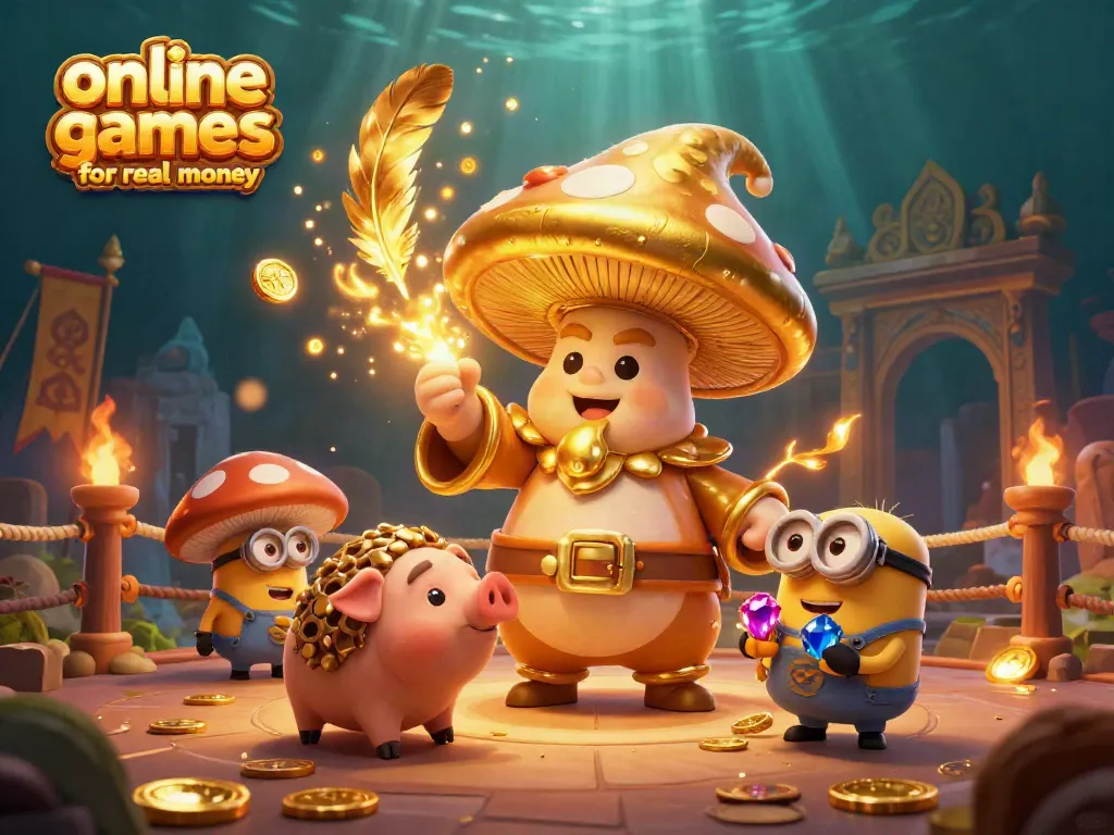 Engage in thrilling online casino games for real money with a magical 3D scene of a golden mushroom wizard and treasure.