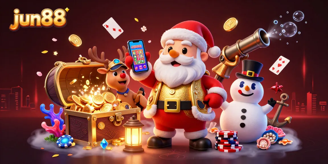 Experience jackpot wins with jun88 in this lively gaming scene featuring Santa and friends!