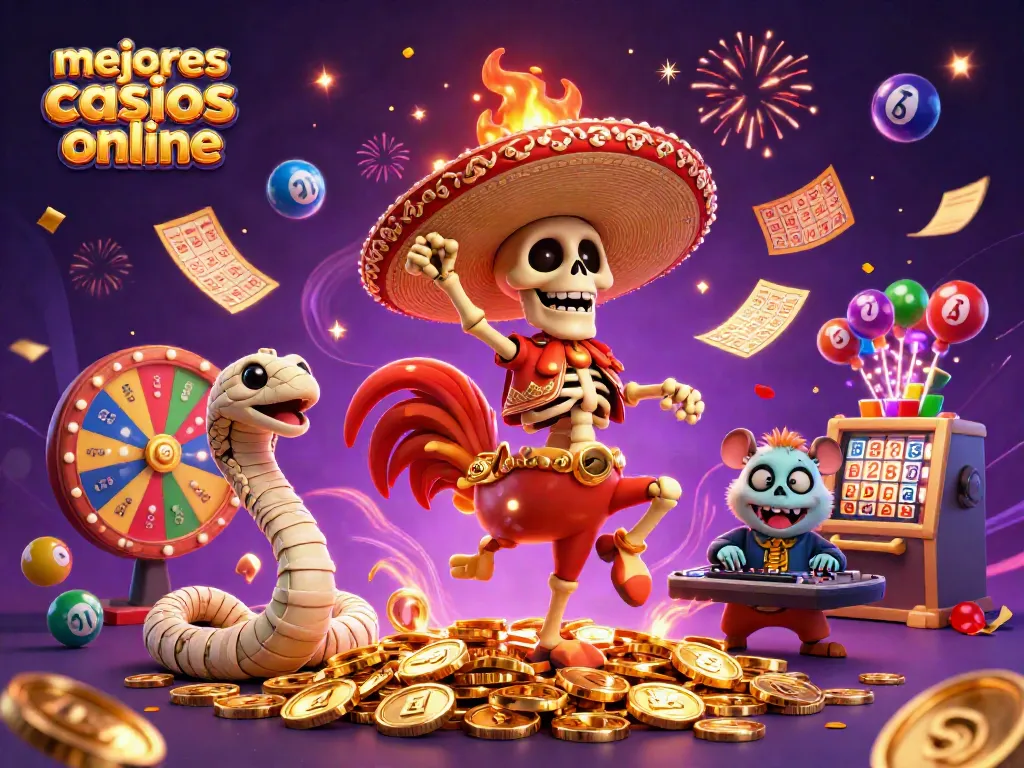 Descubre mejores casinos online con esta vibrante ilustración de un gallo mariachi y un DJ.