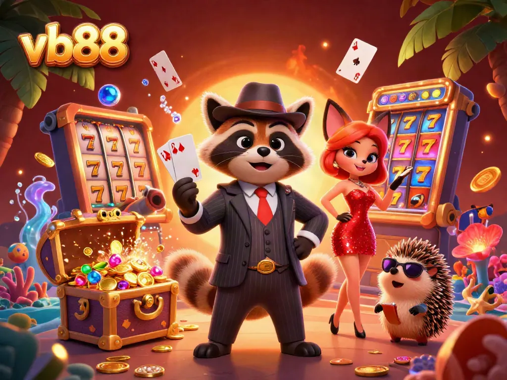 Engage with VB88 as this suave raccoon presents a royal flush amidst vibrant casino elements.