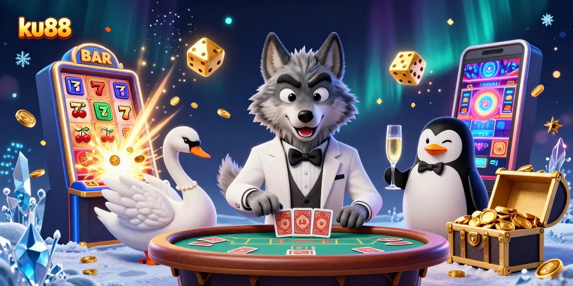 ku88 gambling scene with a cartoon wolf, elegant swan, and penguin amidst casino elements.