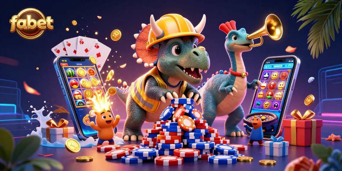 Spin to win with fabet as a celebratory triceratops builds poker chip pyramid in exciting casino scene