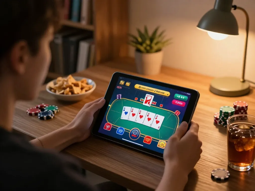 cm88 player engaging in thrilling live casino gaming on tablet at home, showcasing strategic fun.