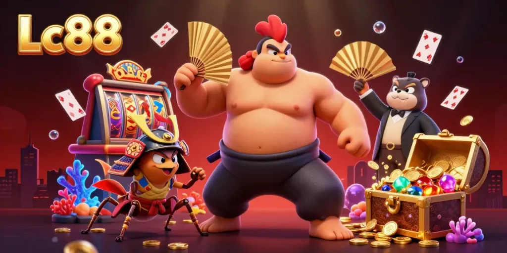 Engaging Lc88 casino illustration with a sumo wrestler rooster, samurai cricket, and underwater treasures.