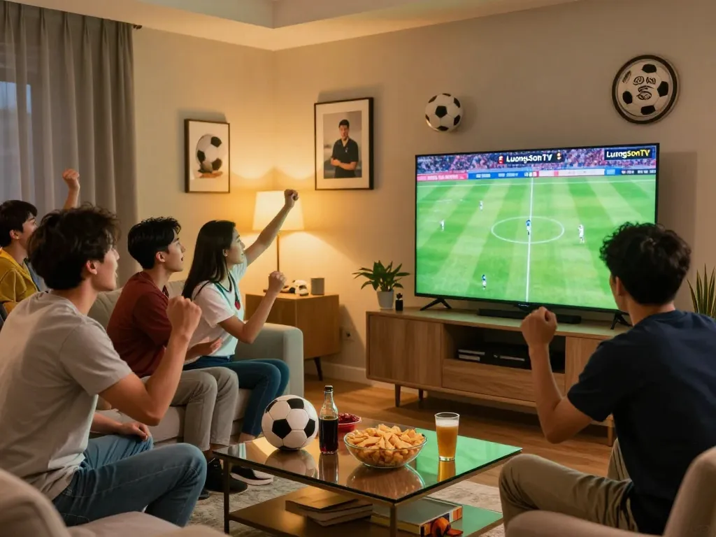 Fans enjoying a live football match on LuongSonTV in a vibrant living room.
