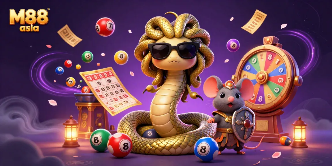 M88 asia offers a lively gaming experience with Medusa and a warrior mouse amidst colorful lottery elements.