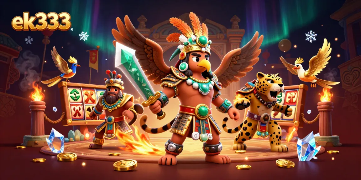 Experience thrilling slots with ek333 featuring historic Aztec warriors and vibrant casino elements.