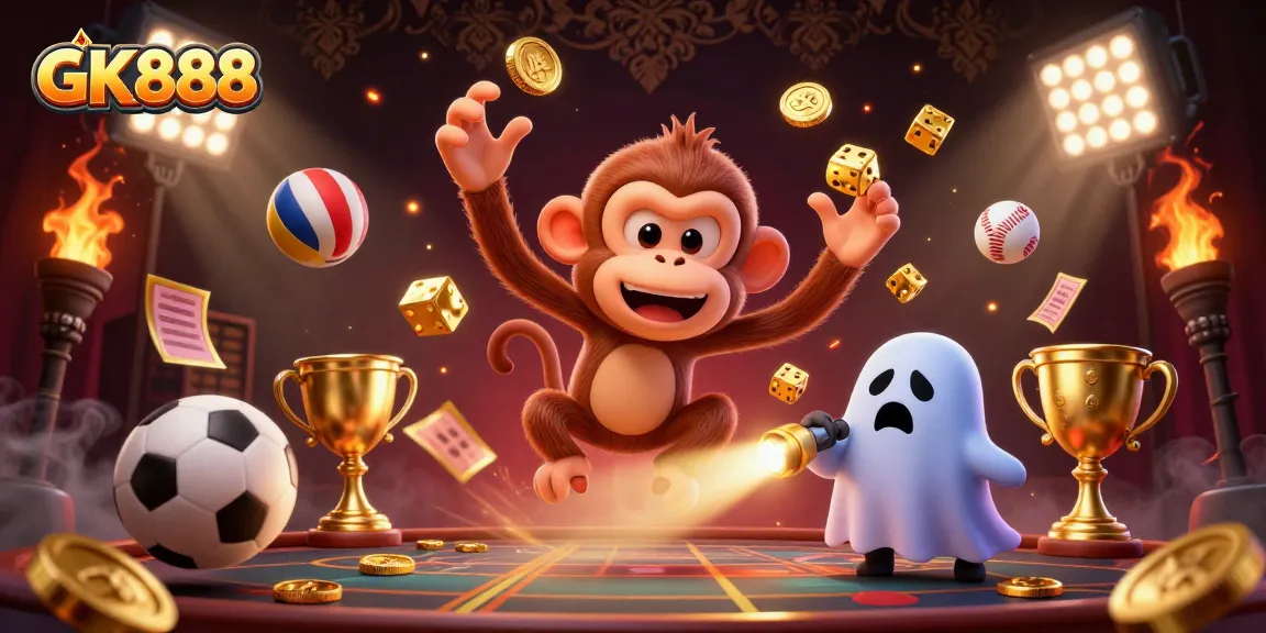 Experience the thrilling action at GK888 with a mischievous poltergeist and a ghost-hunter puppy in a lively casino.