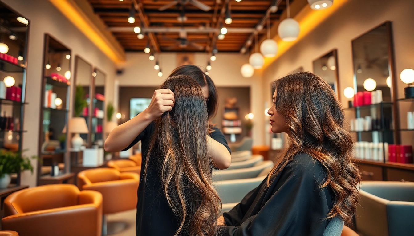 Stylish hair salon in San Diego showcasing hair styling and Aveda products, perfect for first-time clients.