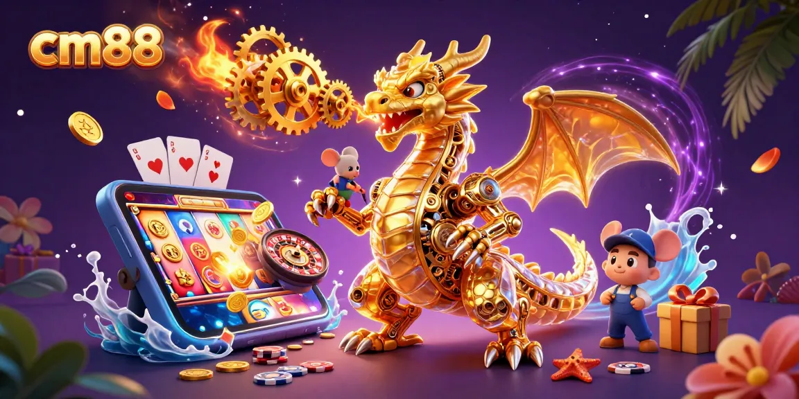 Experience thrilling plays at cm88 with a golden dragon and slot game elements!