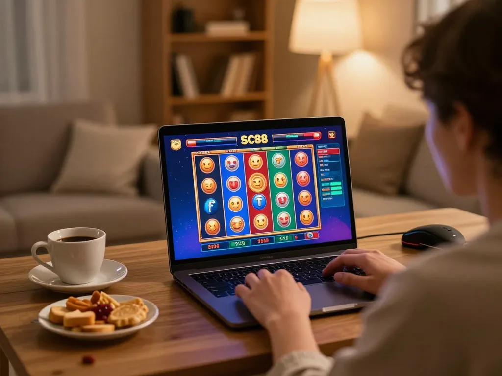 Engaged player exploring diverse SC88 gaming options on a laptop in a cozy home setting.
