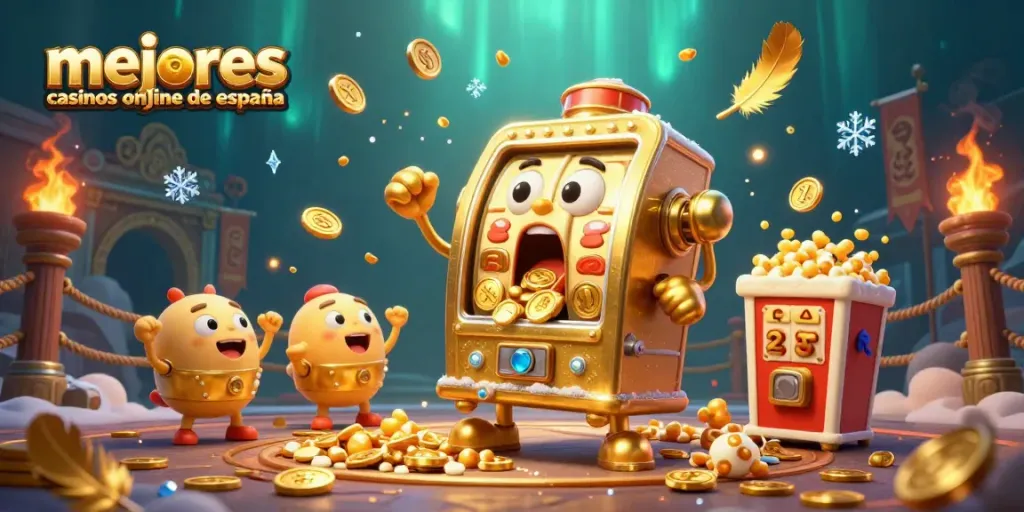Mejores casinos online de España: sorprende a los jugadores con una máquina tragamonedas animada y monedas cayendo.