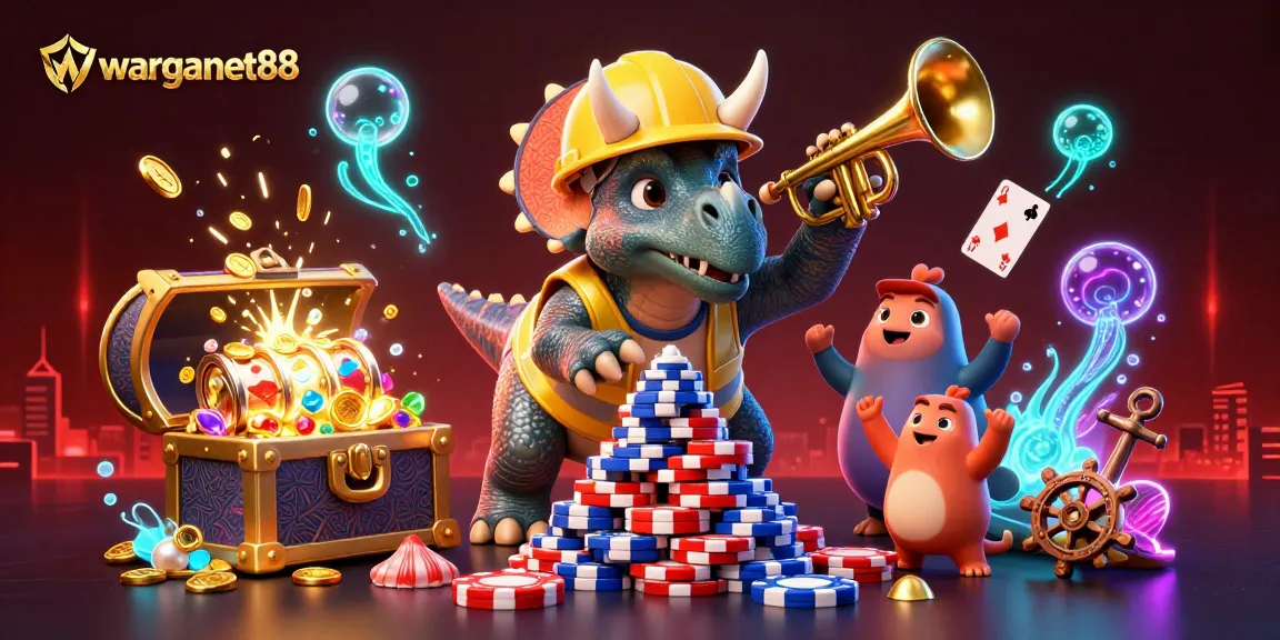Warganet88 showcases a vibrant casino scene with a triceratops building poker chips surrounded by thrilling games.