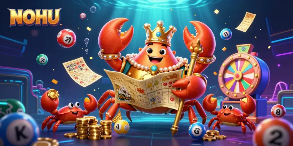 Engage in the fun of NOHU with vibrant visual themes featuring a golden crab emperor and exciting casino elements.