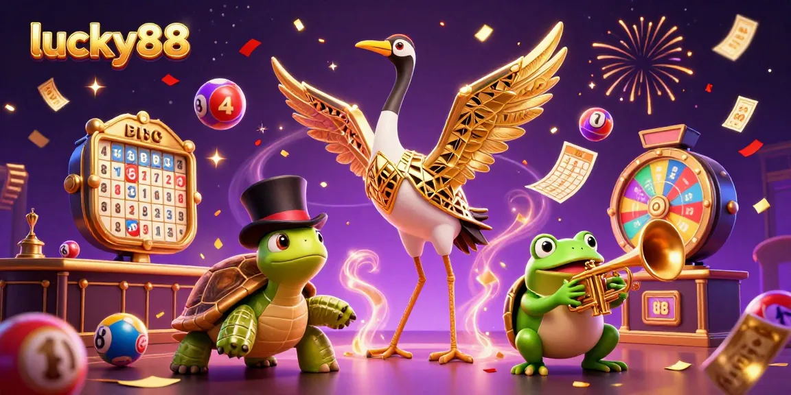 Experience big wins with lucky88 as colorful lottery elements and festive characters fill the scene.