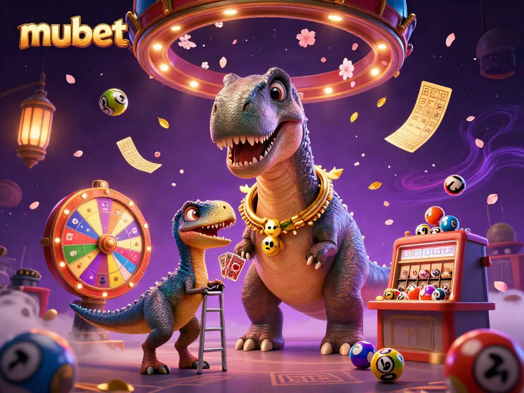 Experience the vibrant mubet casino scene with a giant brontosaurus observing dynamic lottery elements.