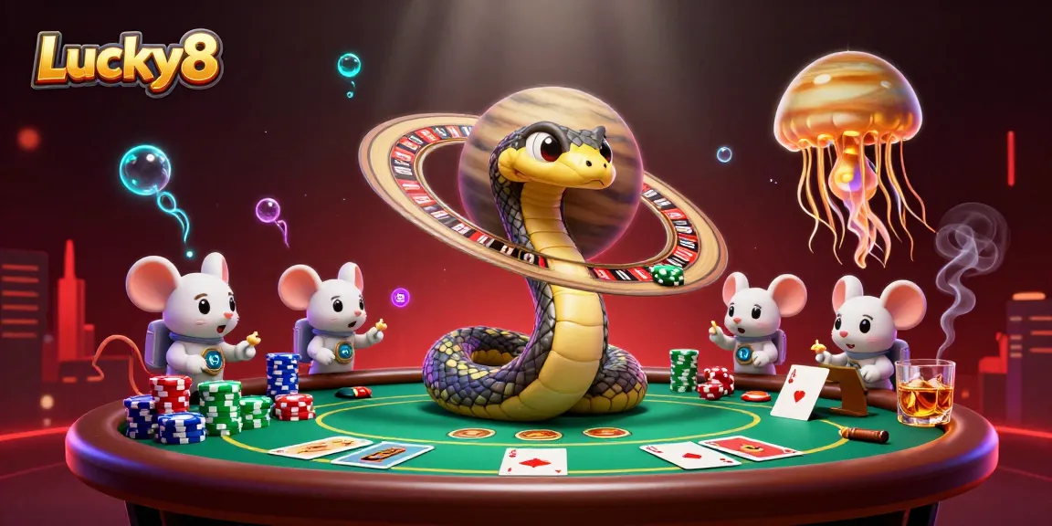 Experience the excitement of Lucky8 as astronaut mice bet on a roulette wheel made of Saturn's rings.
