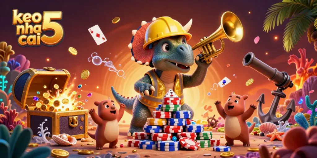 Experience thrilling sports betting with keo nha cai 5 as dinosaurs cheer in a rich casino scene filled with vibrant energy.