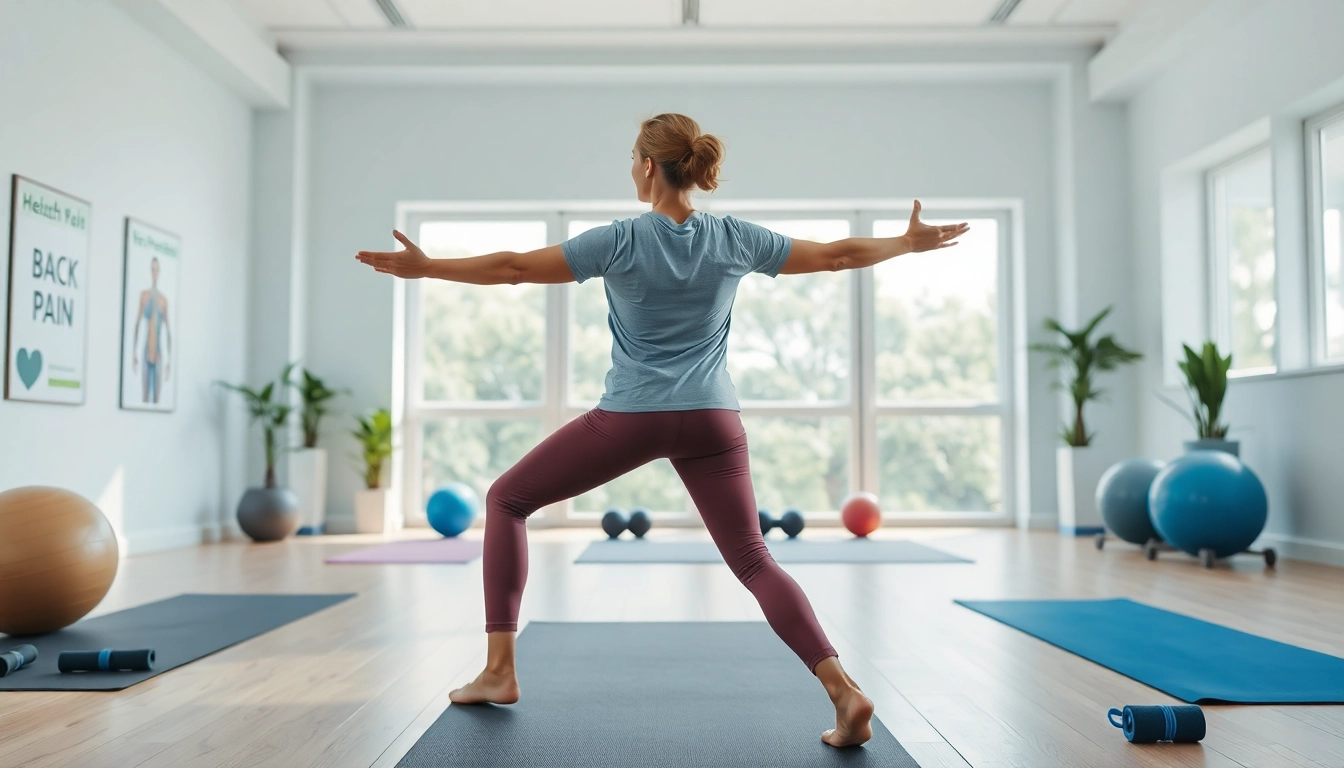 Engaging coach demonstrating back pain relief exercises in a bright gym setting.