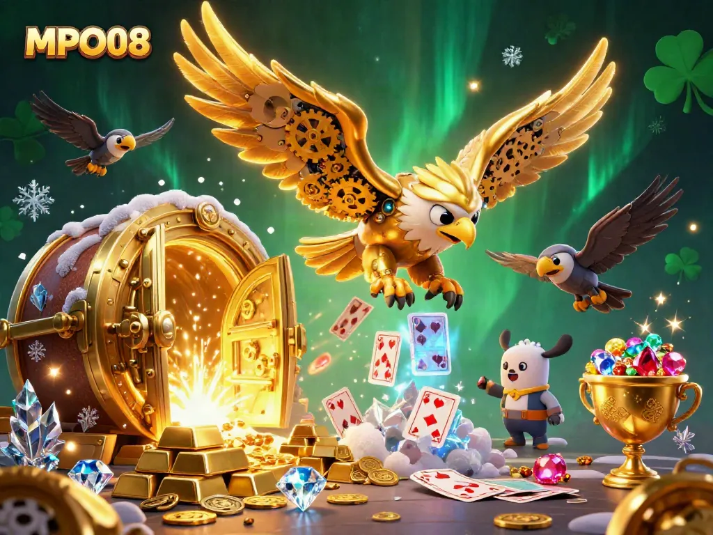 Experience the excitement of MPO08 with a golden eagle diving through holographic cards and treasure.