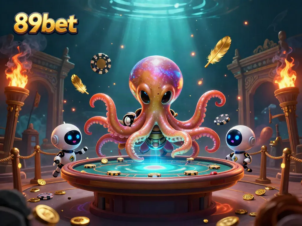 Experience 89bet's thrilling poker scene featuring an octopus dealer and robot companion.