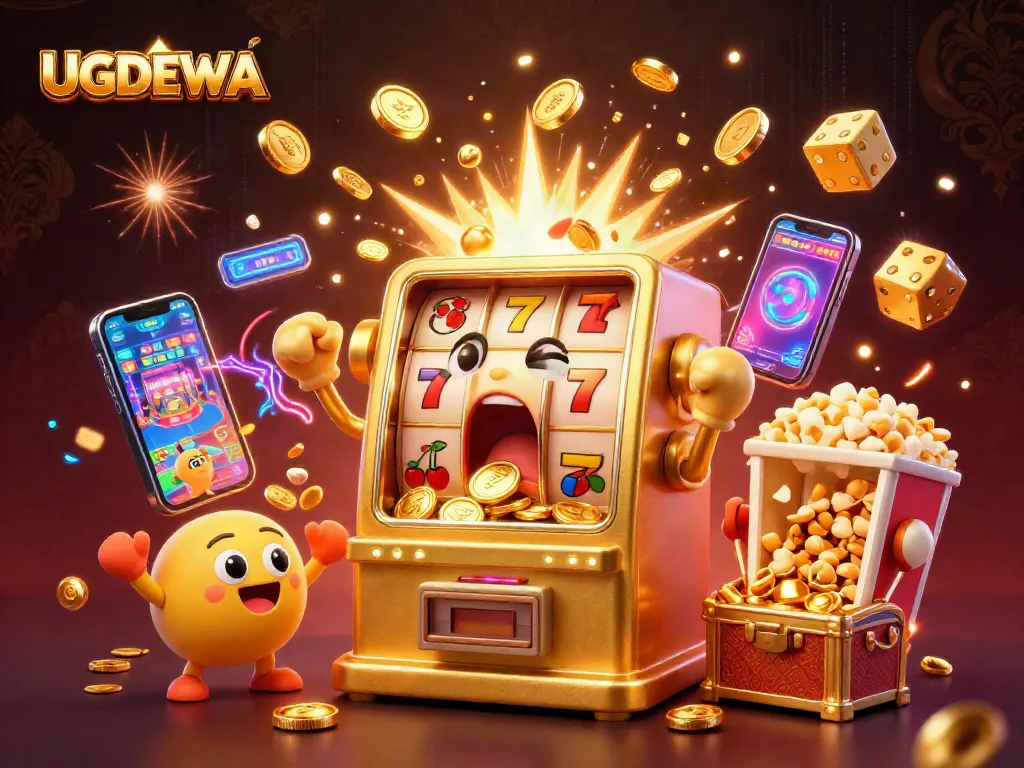 UGDEWA's golden slot machine celebrating a jackpot with cheering baby machines and a popcorn sidekick amidst a vibrant casino atmosphere.