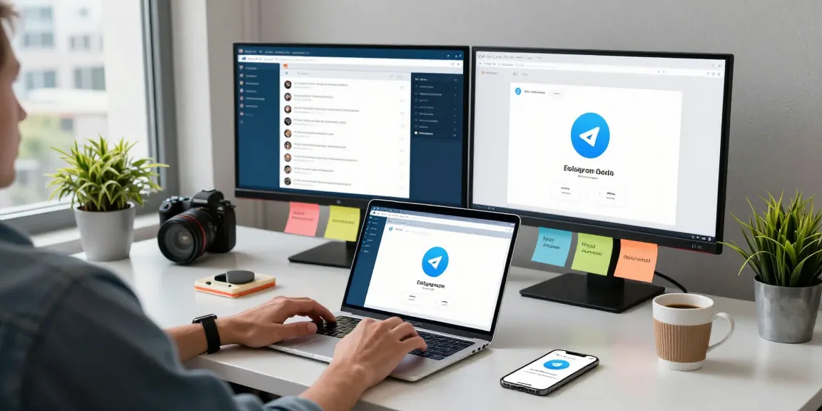 Engaging with the Telegram Web Version at a modern office workspace with tech gadgets and vibrant atmosphere.