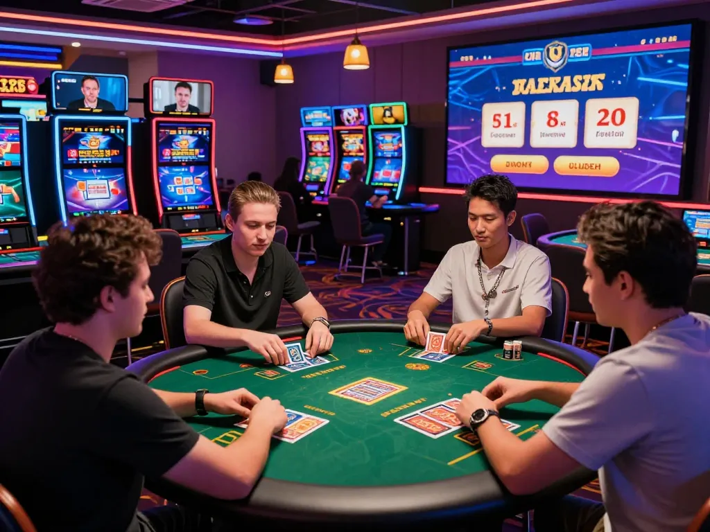 Interactive casino hubet88 gaming experience with players at digital tables showcasing vibrant graphics and promotions