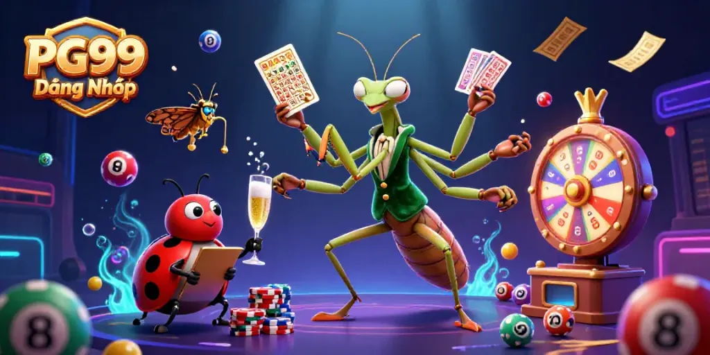 Engage with PG99 Đăng Nhập as a vibrant 3D scene showcases card games, colorful lottery balls, and energetic casino atmosphere.