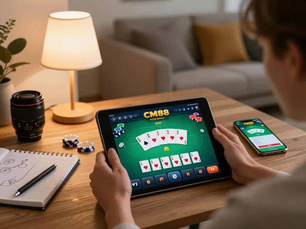 Engaging poker gameplay on CM88 mobile app displayed on tablet in cozy home setting