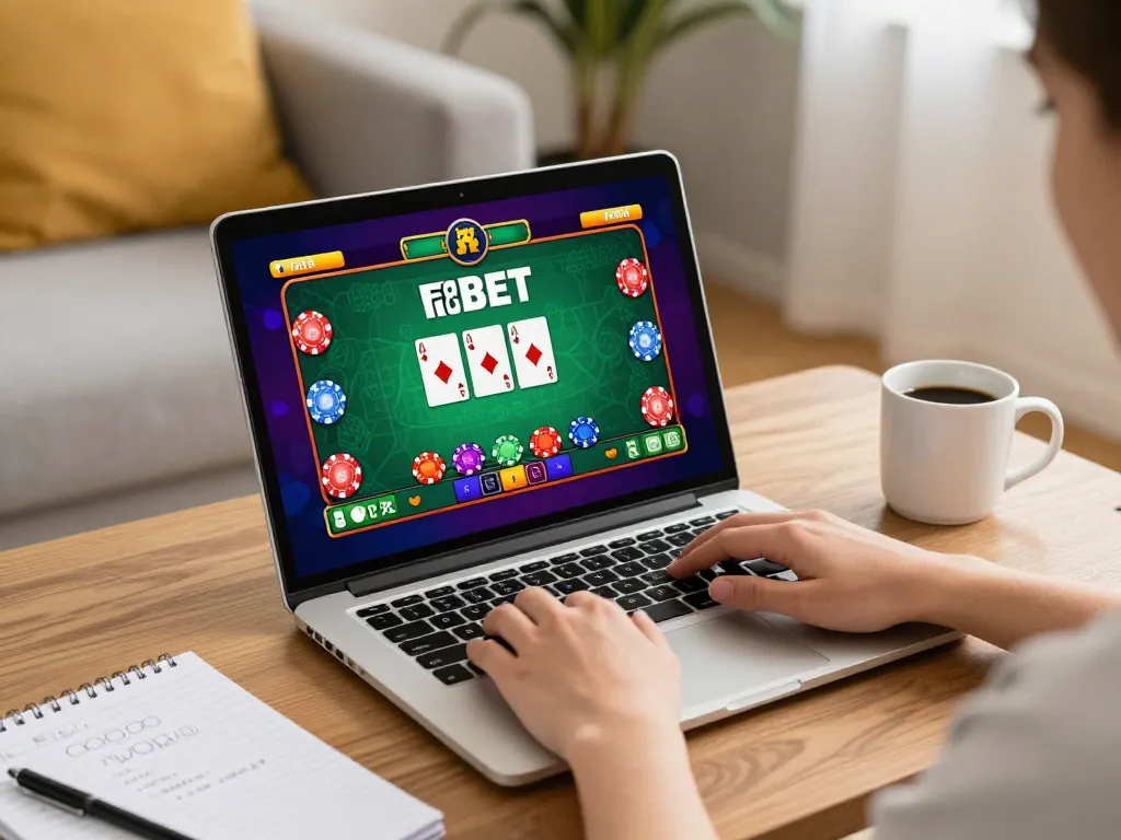 Player engaging in F8BET online gaming at home with strategic notes and vibrant game interface.