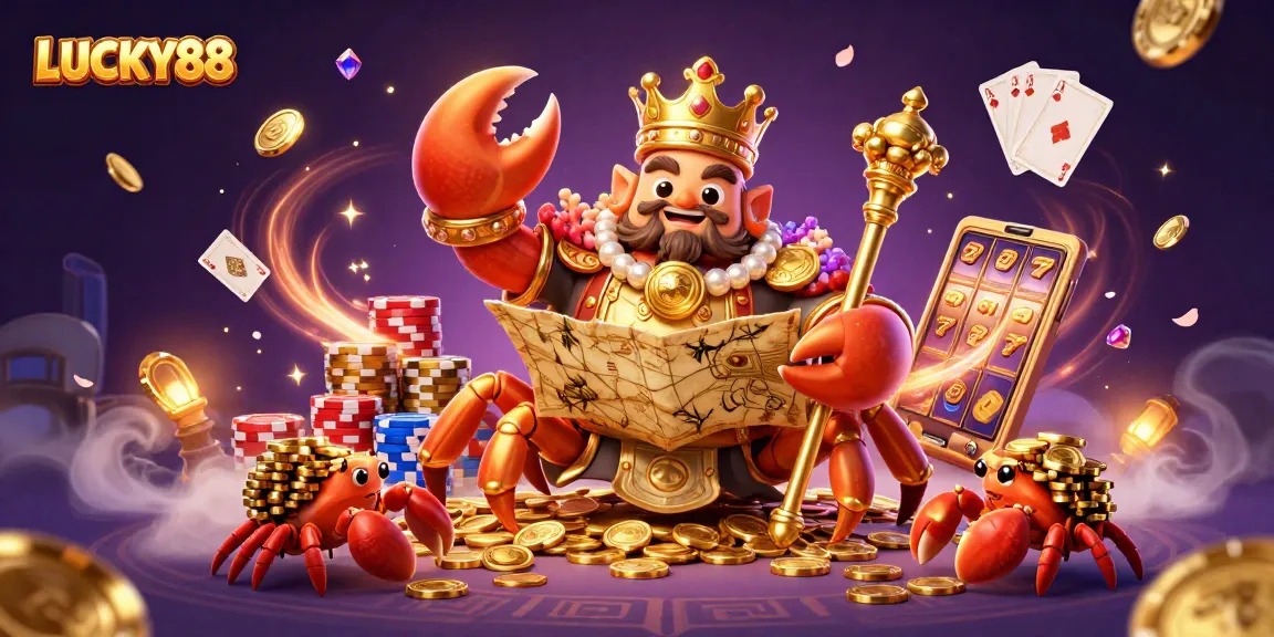 Experience the vibrant LUCKY88 casino world with a crab emperor and sparkling treasures.