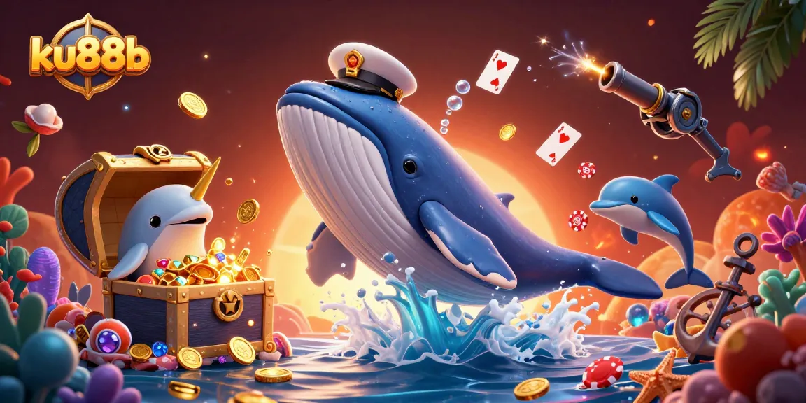 Win big at ku88b with a vibrant casino scene featuring a cartoon whale and playful dolphins