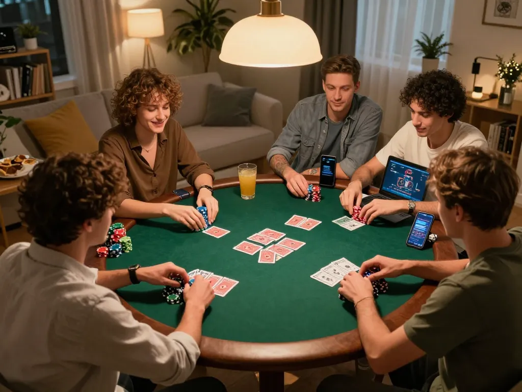 The social atmosphere of a home poker game night showcases a group of friends playing poker with 789 chips and cards on the table.