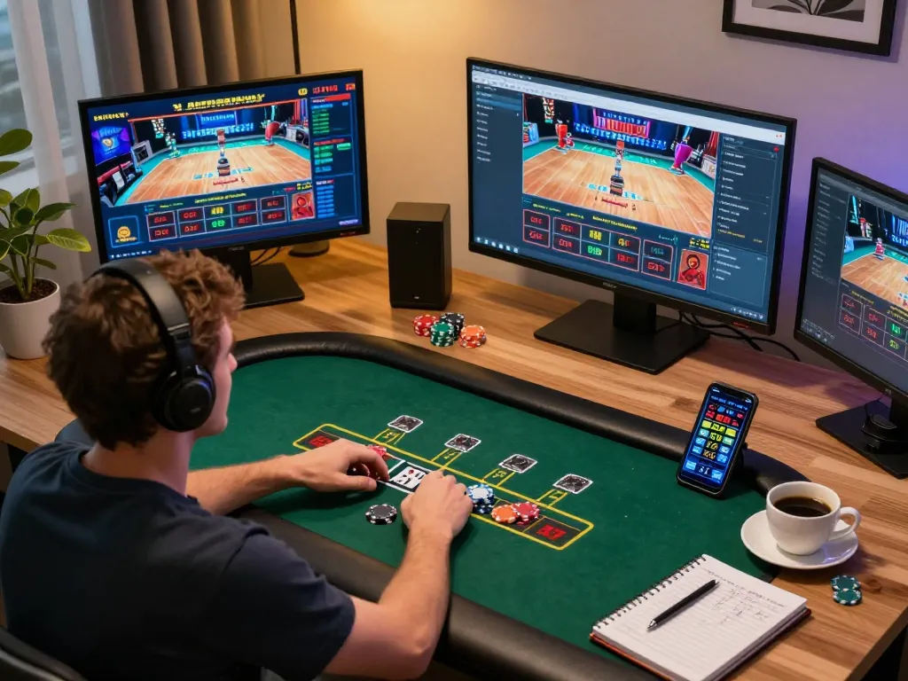 Experience dynamic online blackjack at 77WIN in a cozy home office setting with strategic gameplay.
