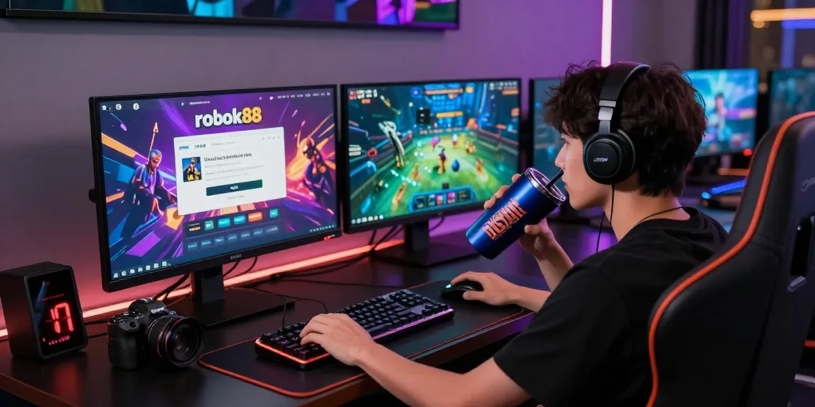 User engaging with rokok88 link login page at a modern gaming setup, highlighting action-oriented online gaming scene.