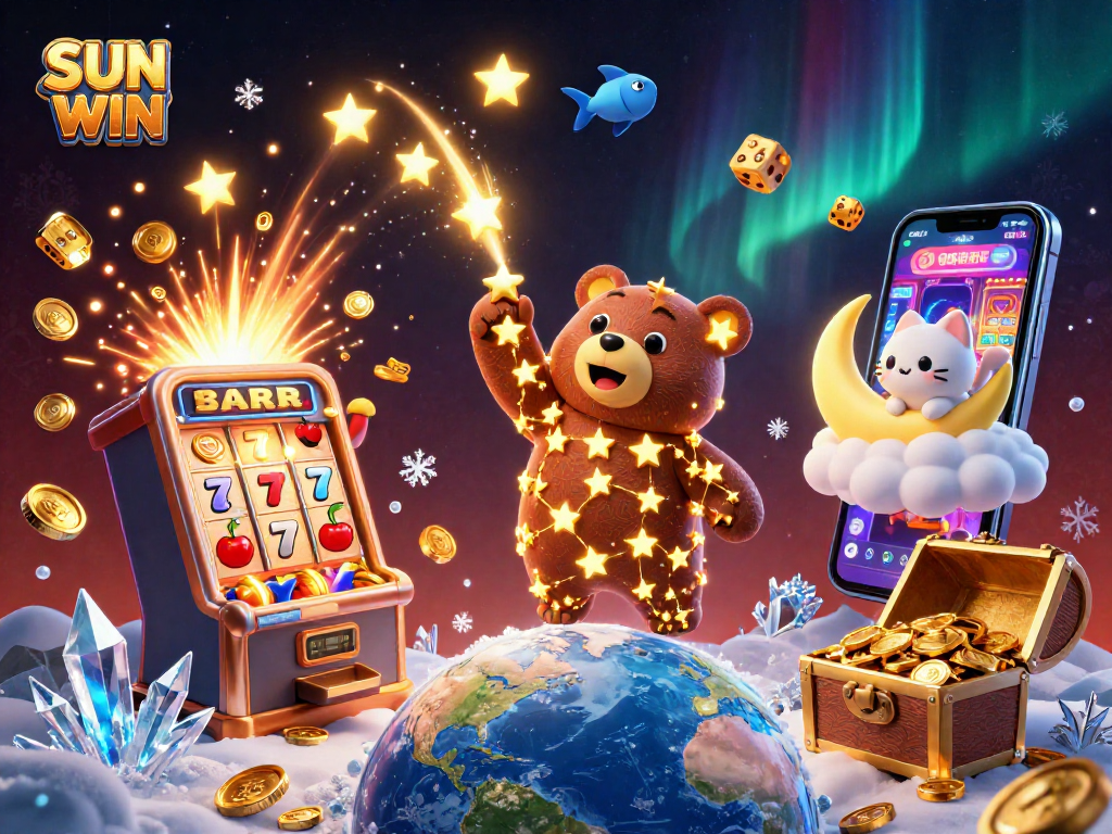 Chơi game tại SUN WIN với chú gấu sao và biểu tượng jackpot lung linh