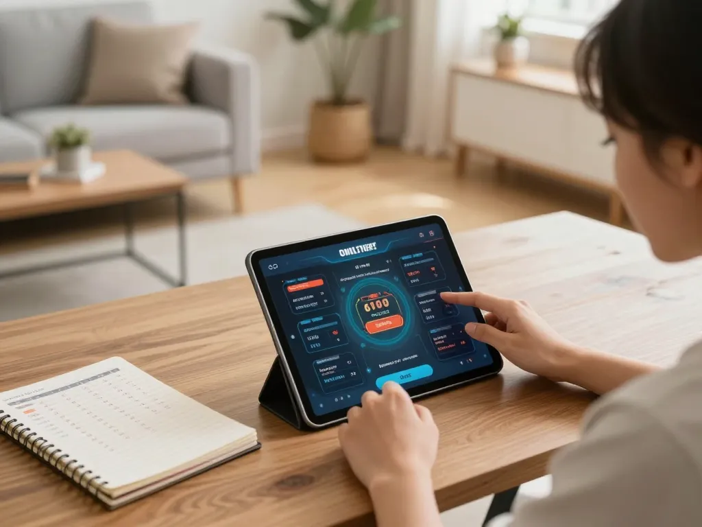 Engaging with the keonhacai betting app on a tablet at a cozy home setup.