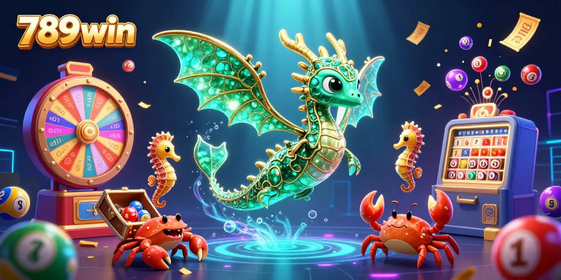 Engage with 789win's vibrant casino scene featuring a sea dragon and dynamic lottery elements.