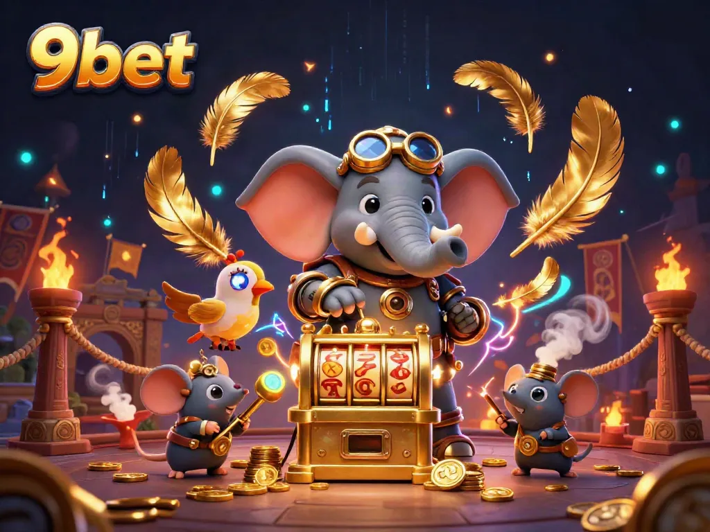 Experience the thrill of 9bet with a steampunk elephant operating a golden slot machine amidst dynamic gaming elements.