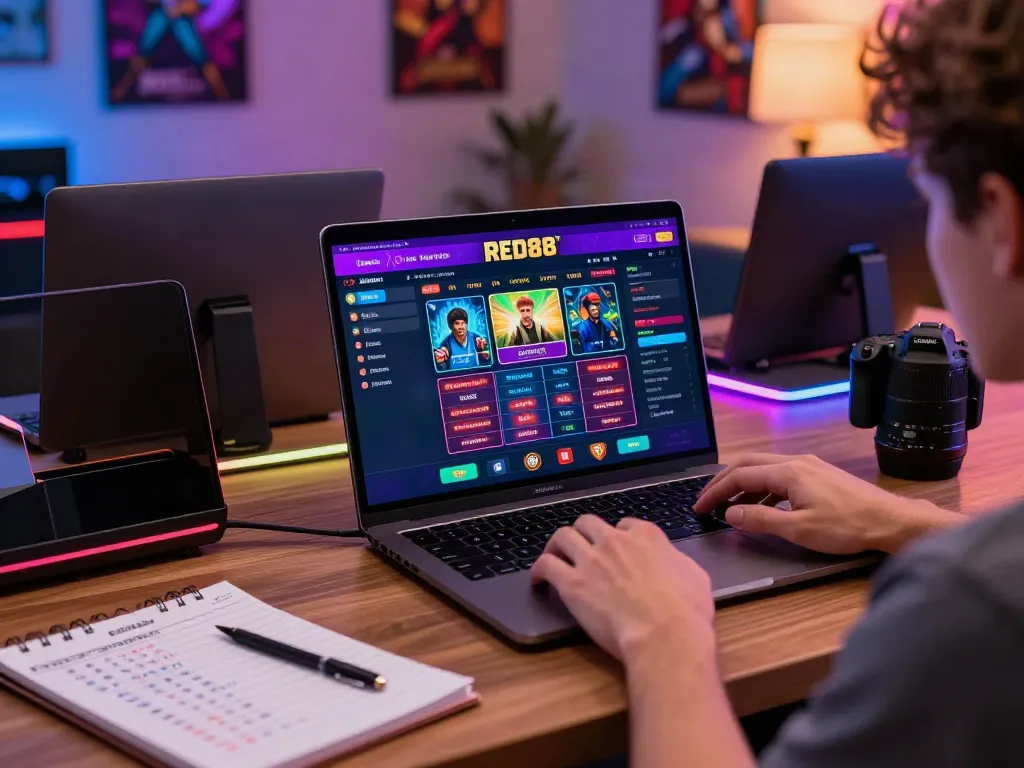 Experience online betting at https://red88.limited/ with a vibrant gaming setup and engaged player.
