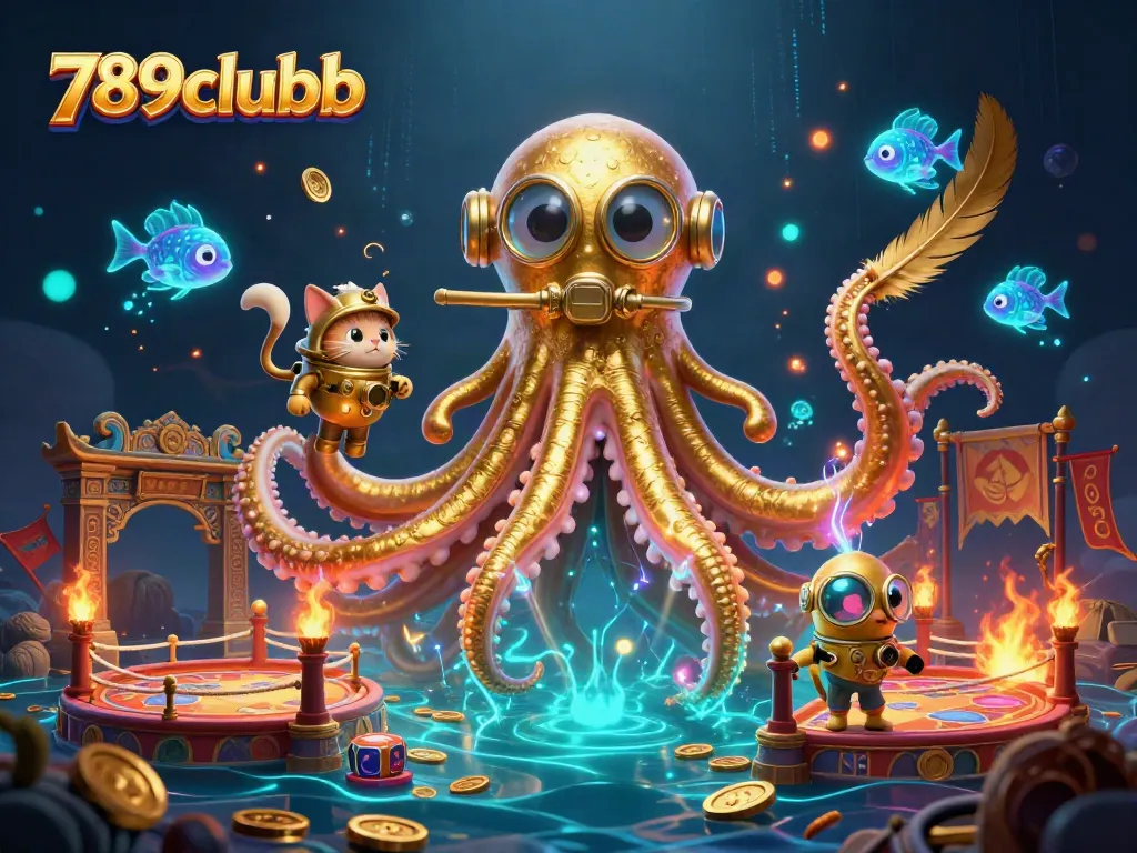 Engage in thrilling gameplay at 789clubb with a vibrant 3D illustration showcasing a kraken, diving cat, and glowing deep-sea fish.