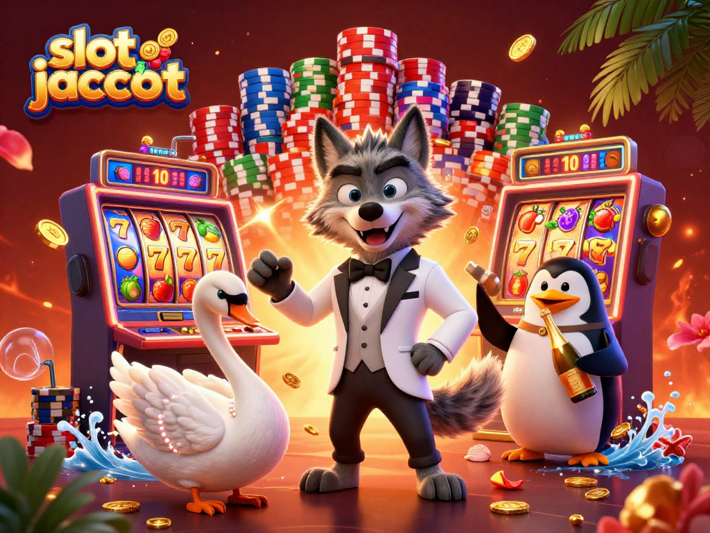 Spin to win at a vibrant slot jackpot with a debonair wolf, elegant swan, and penguin sommelier.