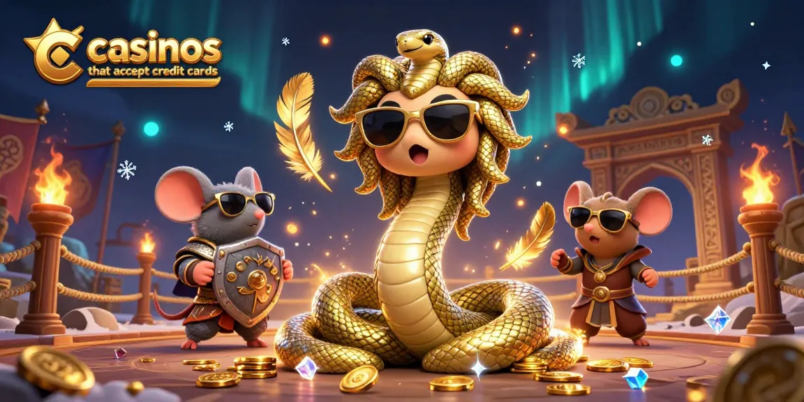 Join dynamic Medusa and a warrior mouse at vibrant casinos that accept credit cards, featuring golden decorations.